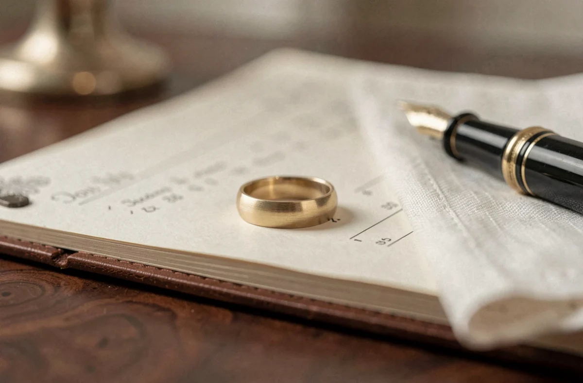 Alliance en or posée sur un agenda en cuir, symbole discret d'un mariage secret et d'une vie privée jalousement gardée