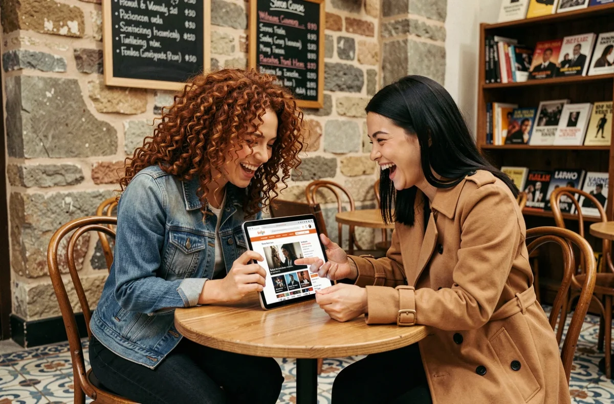 Deux amies discutant des tendances cinéma et séries sur une tablette dans un café parisien
