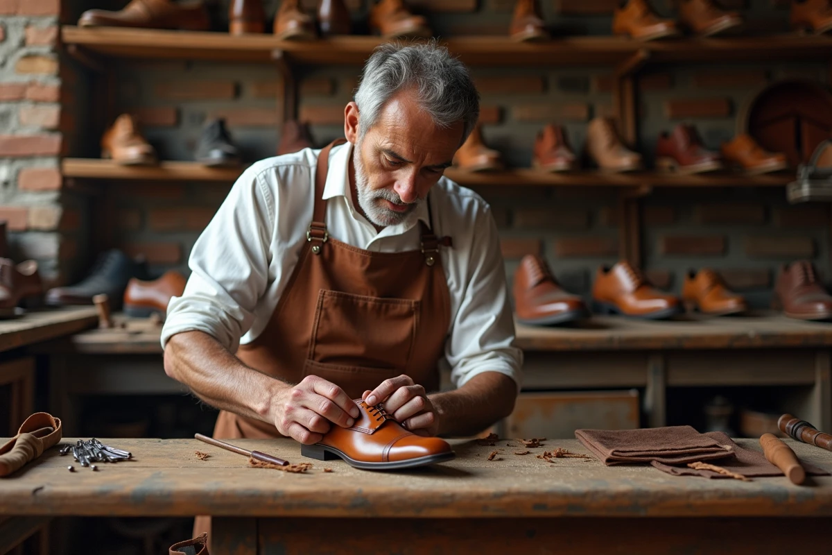 Artisan cordonnier italien cousant à la main une chaussure en cuir dans un atelier traditionnel