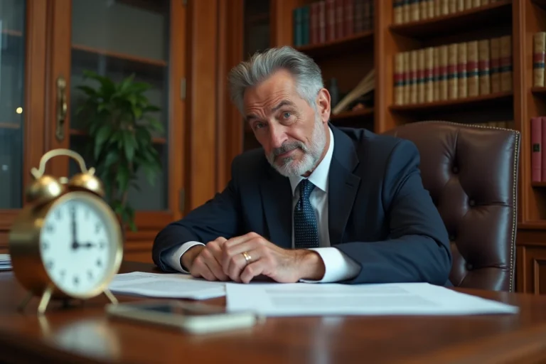 Avocat examinant des documents juridiques avec une horloge symbolisant le délai de forclusion en droit