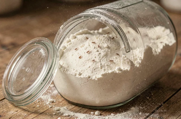 Gros plan sur un bocal en verre de farine blanche infestée de cirons sur un plan de travail en bois