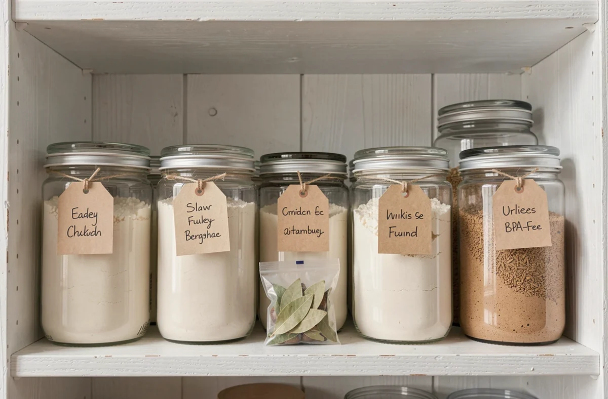Étagère de cuisine bien organisée avec des boîtes hermétiques pour conserver la farine et prévenir les cirons