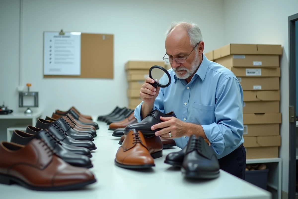 Inspecteur qualité examinant une chaussure en cuir Oxford dans une usine de chaussures au Portugal
