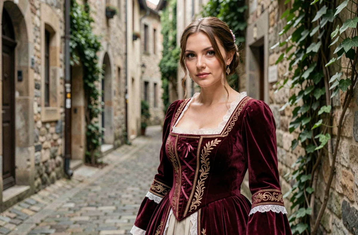 Femme costumée en personnage féminin emblématique de fiction commençant par la lettre B dans une ruelle européenne