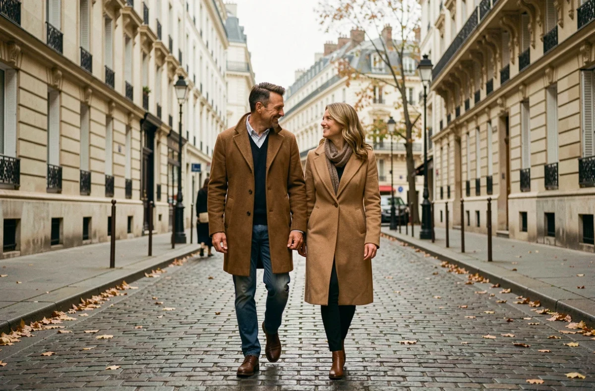 Couple élégant marchant dans une rue pavée parisienne en automne, illustrant la discrétion et la complicité d'une relation amoureuse secrète