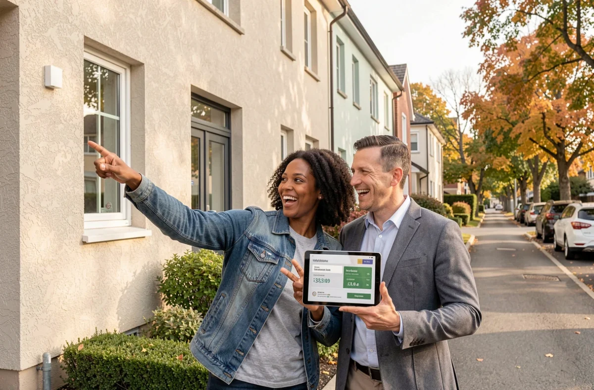 Couple d'investisseurs immobiliers devant un immeuble résidentiel rénové en banlieue, consultant des données de valorisation sur tablette