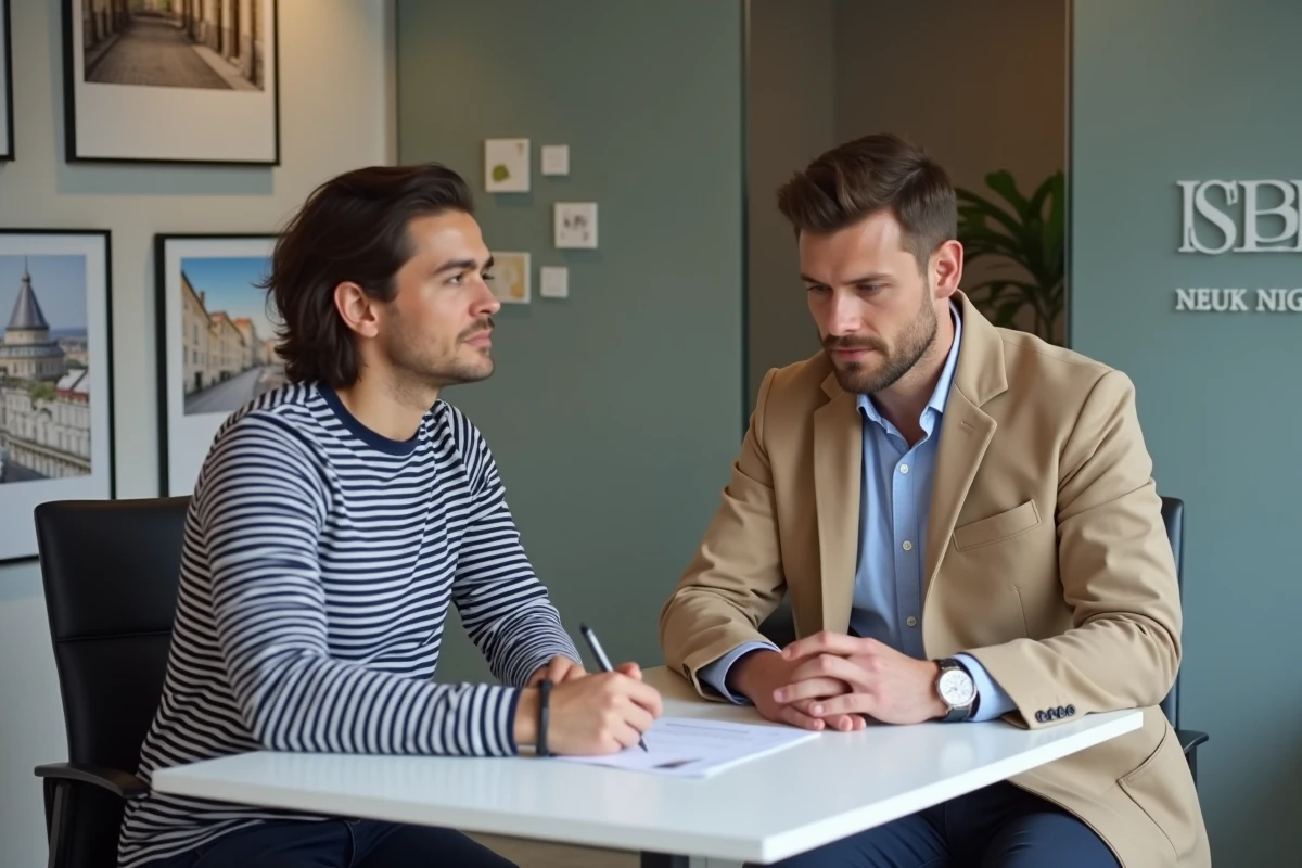 Couple de locataires parisiens en rendez-vous avec un agent immobilier pour signer un contrat de location