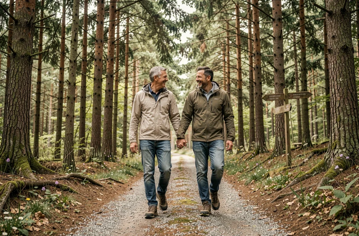 Couple se promenant sur un sentier forestier verdoyant en Île-de-France