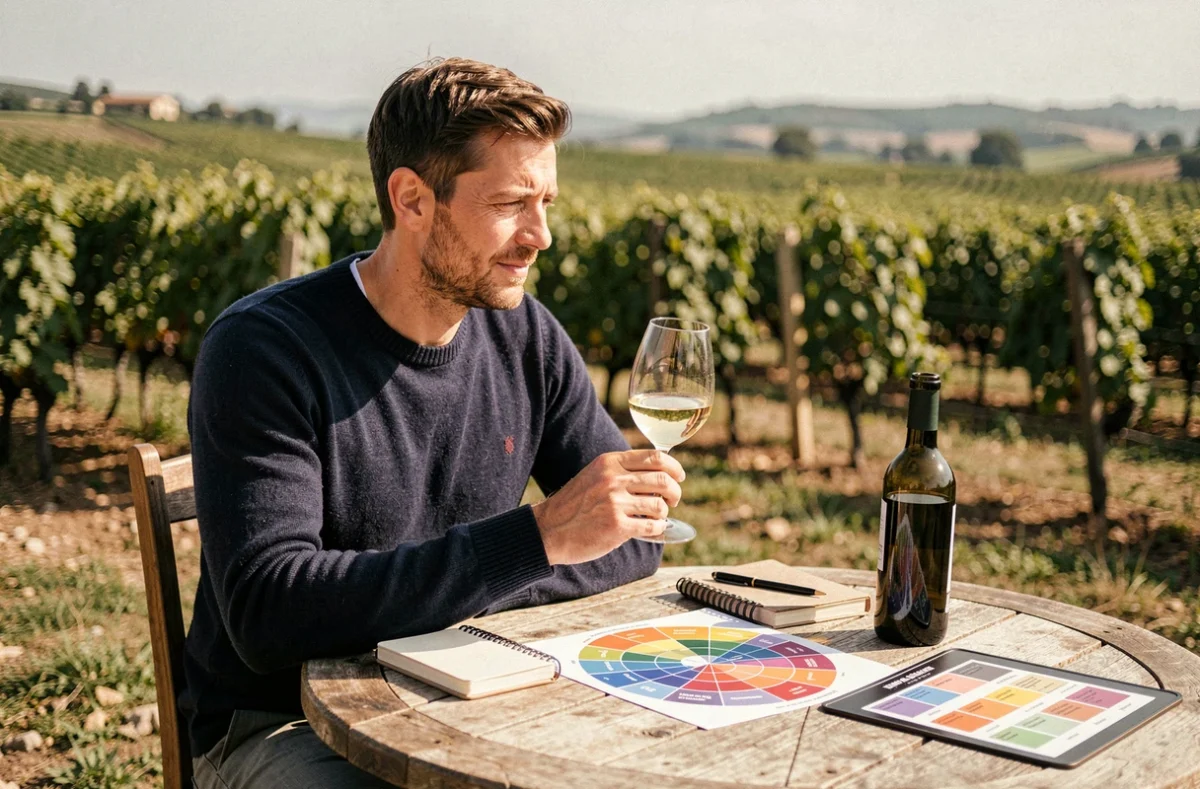 Mann, der einen Weißwein auf der Terrasse eines Weinbergs mit Aromarad und Verkostungsnotizbuch probiert