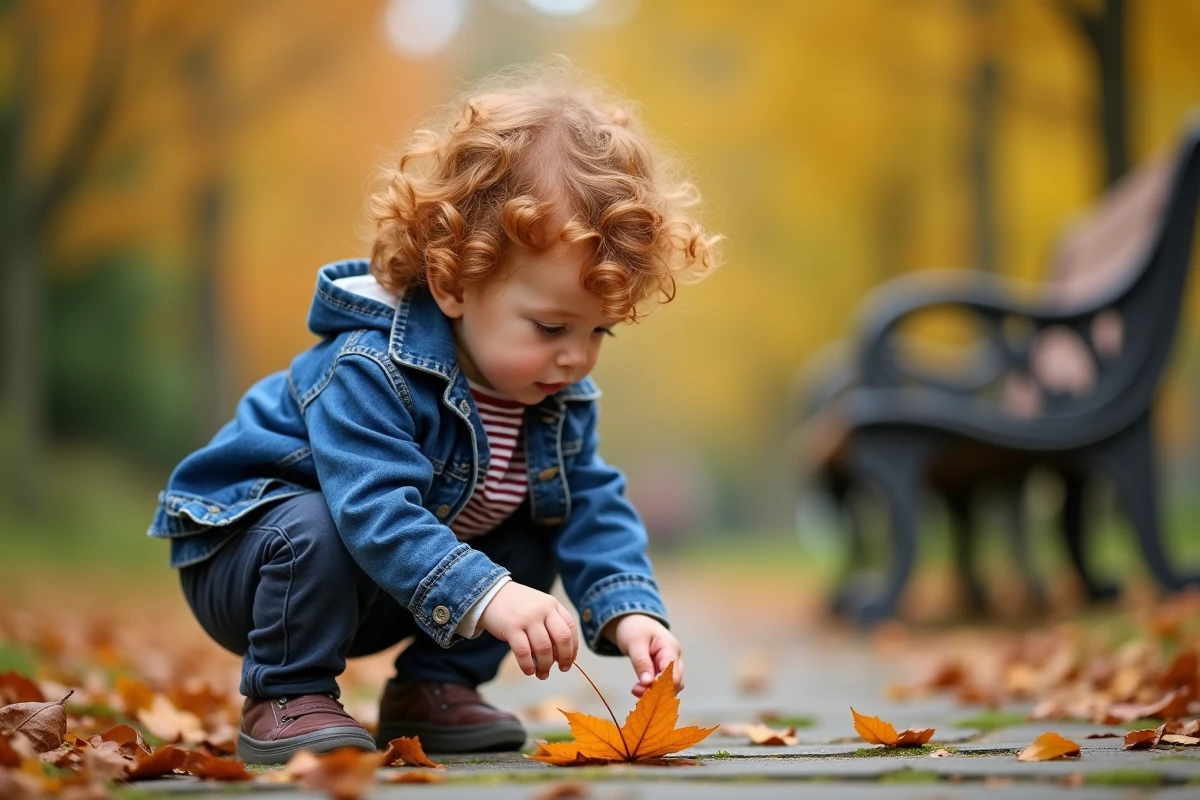 Enfant en bas âge portant le prénom Sacha explorant un feuillage d'automne dans un parc urbain français