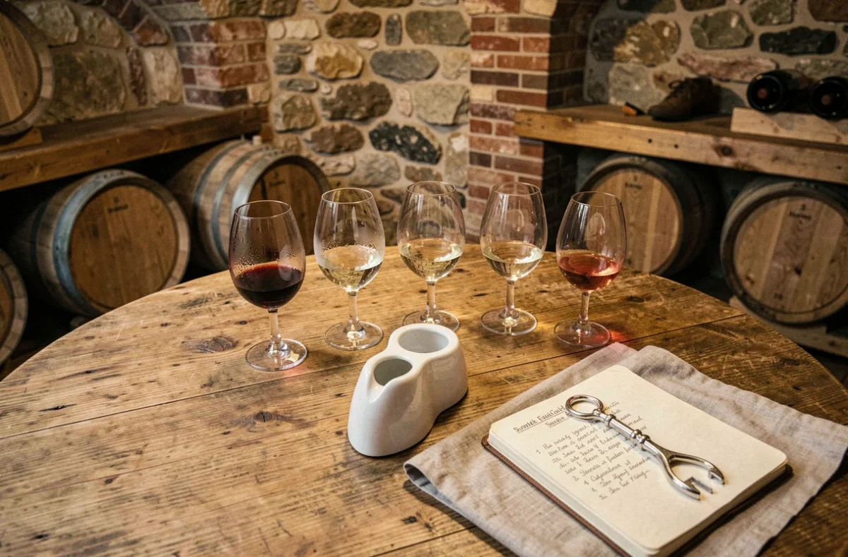 Table de dégustation de vin avec verres à pied en cristal, tire-bouchon et carnet de notes dans une cave en pierre