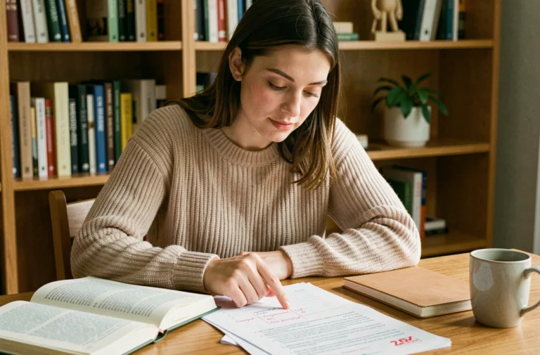 Jeune femme étudiant des exercices corrigés de grammaire sur des fiches PDF imprimées à son bureau en bois