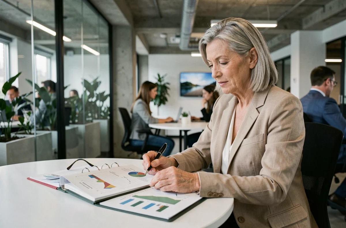 Femme experte en gestion de patrimoine immobilier étudiant un portefeuille d'investissement dans un espace de coworking moderne