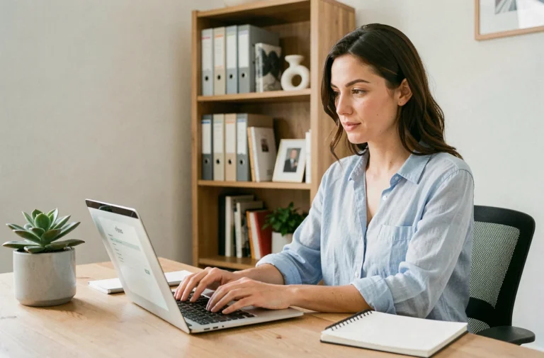 Femme contactant Sagrinature via un formulaire en ligne depuis son bureau à domicile