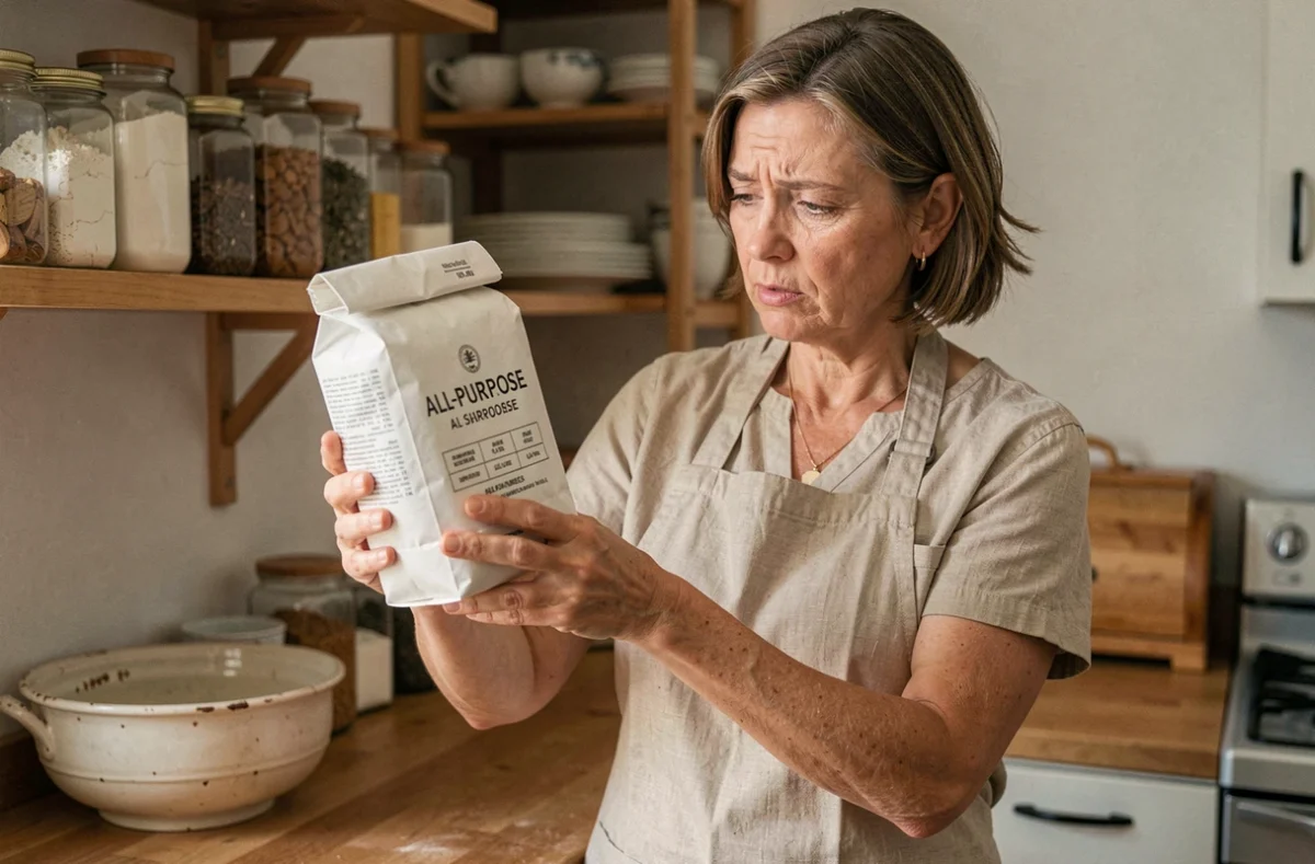 Femme inspectant un sac de farine pour détecter la présence de cirons dans sa cuisine