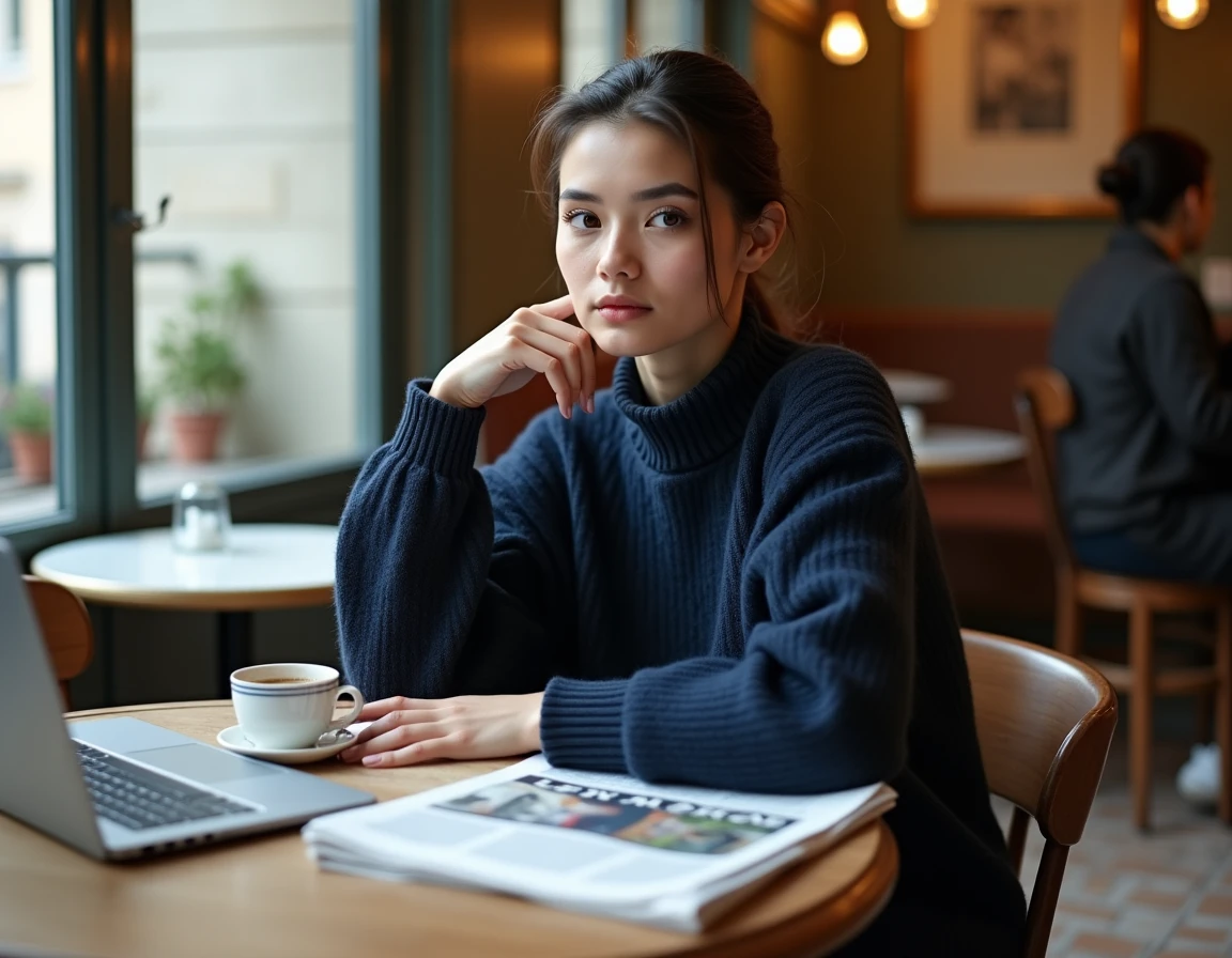 Une jeune femme lisant le journal Le Monde dans un café parisien avec une tasse de café