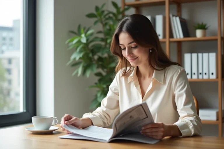 Femme lisant un magazine business à son bureau à domicile, illustrant un abonnement magazine professionnel