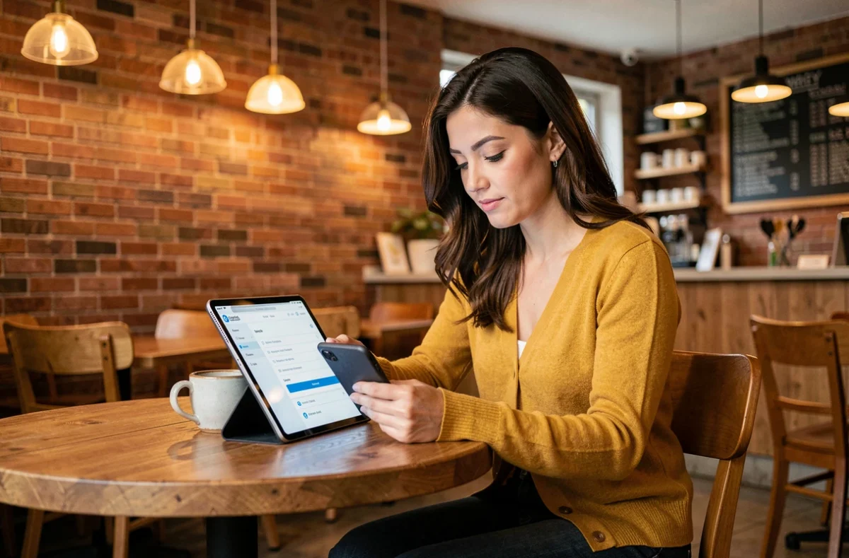 Femme consultant la page de contact Sagrinature sur une tablette dans un café