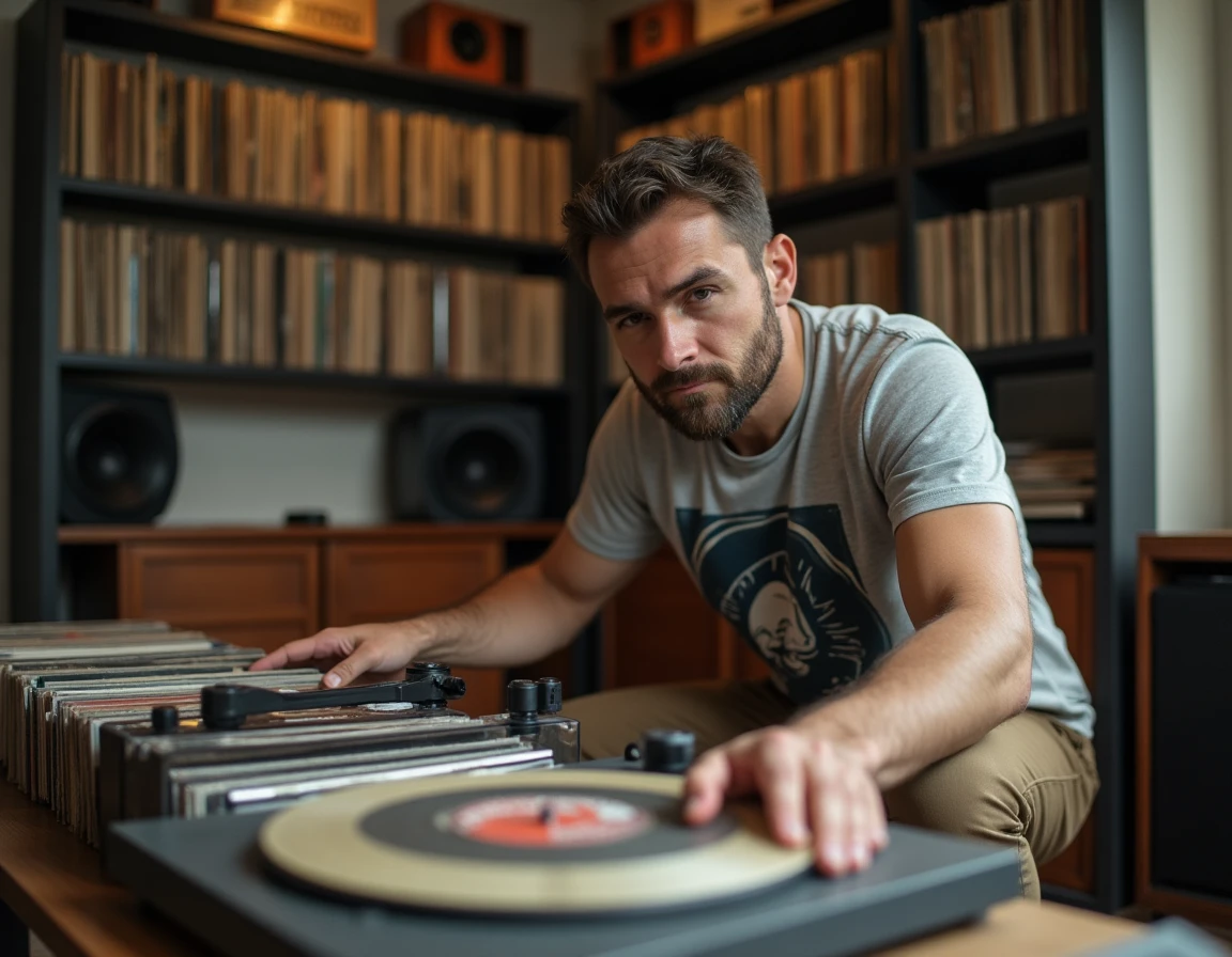 Greg From Paris explorant sa collection de vinyles dans son studio musical à domicile