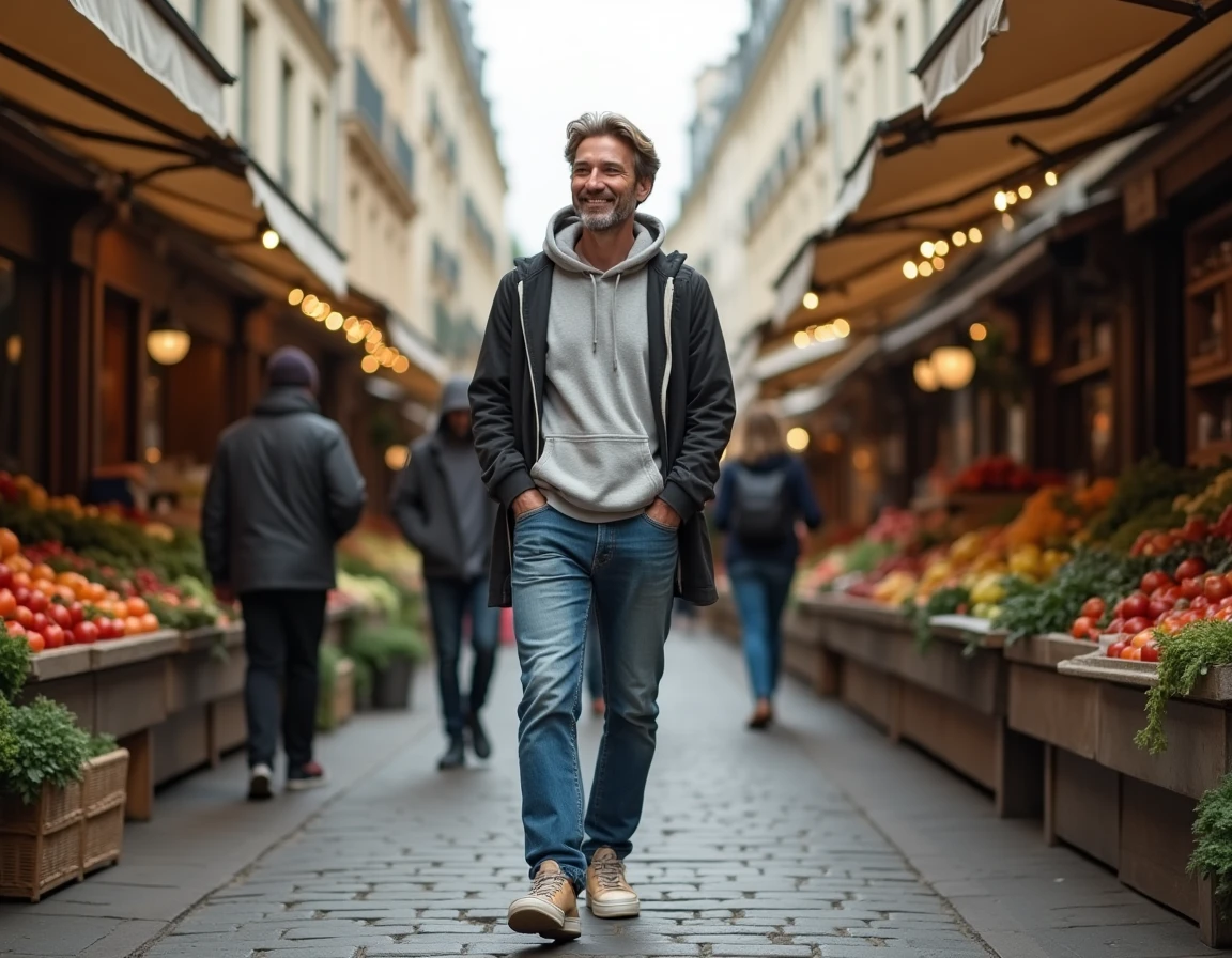 Greg From Paris se promenant au marché parisien avec sa famille lors d'une sortie quotidienne