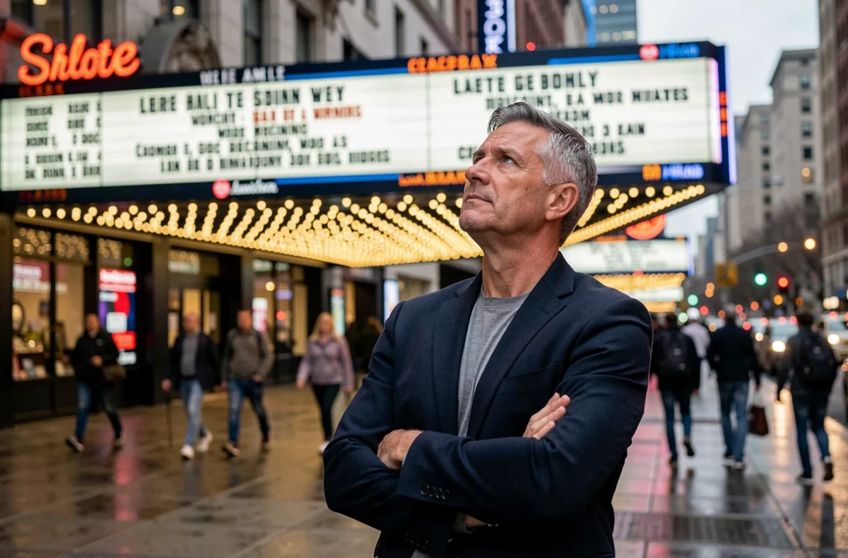 Homme devant une façade de cinéma urbain illuminée affichant les films à l'affiche