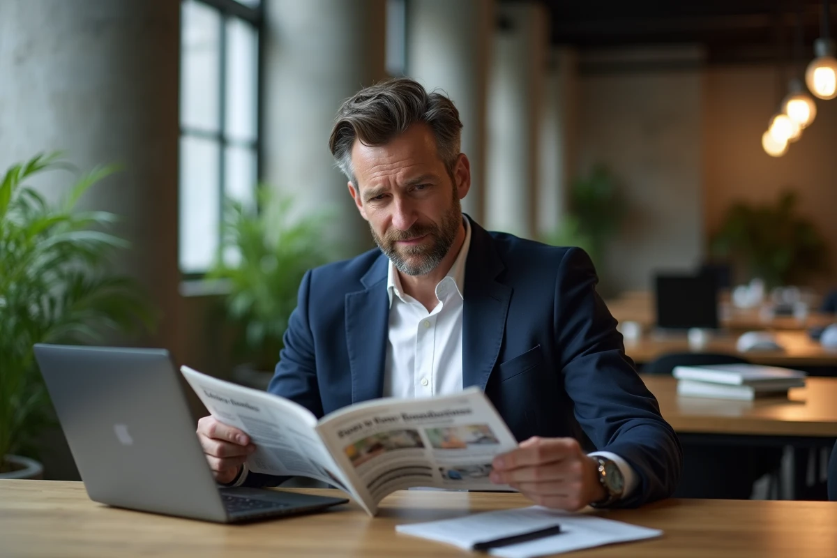 Homme consultant un magazine professionnel dans un espace de coworking moderne, symbolisant l'abonnement presse business