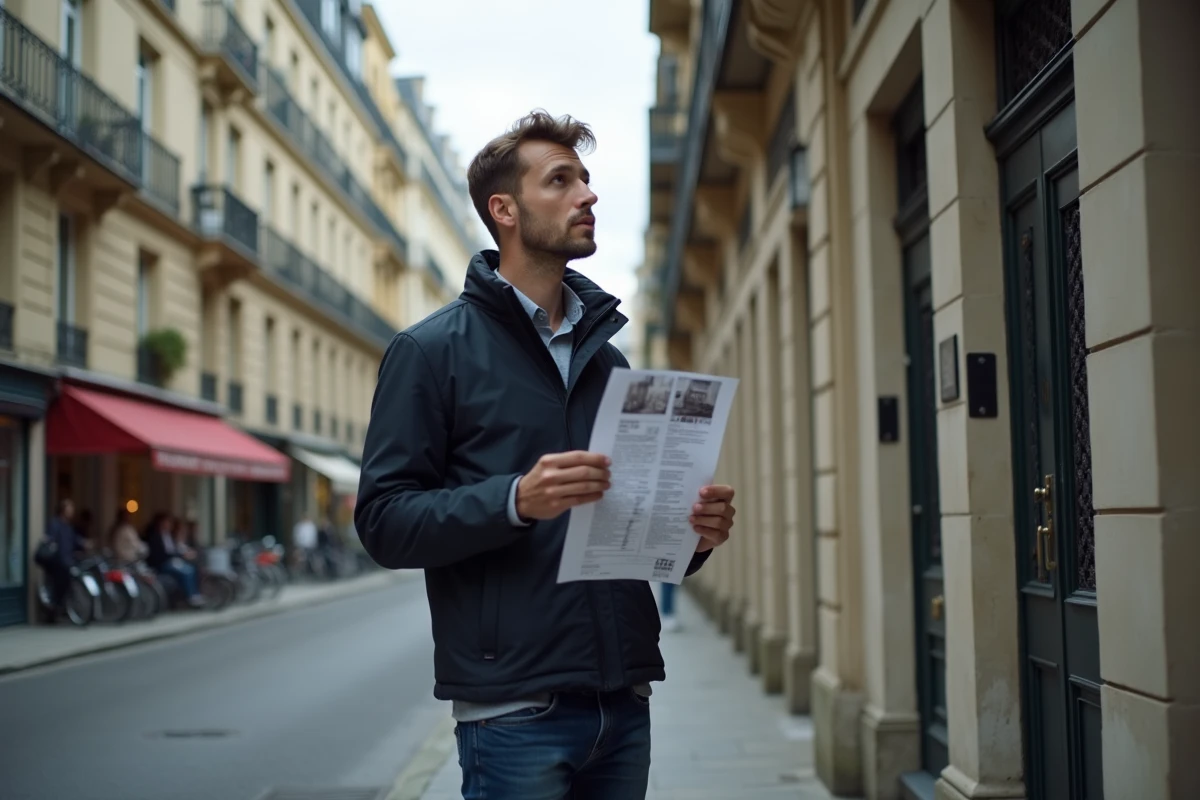 Jeune homme évaluant un immeuble résidentiel parisien avec une annonce de location à la main dans la rue