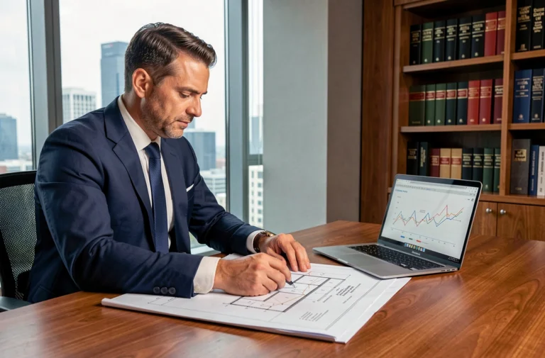 Investisseur immobilier analysant des plans et documents de propriété dans un bureau moderne avec vue sur la ville