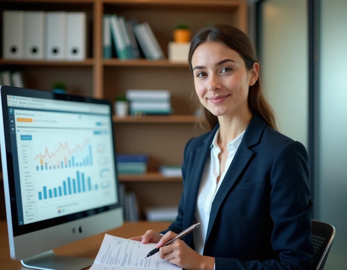 Jeune femme comptable débutante debout devant un écran affichant un logiciel de comptabilité dans un bureau professionnel