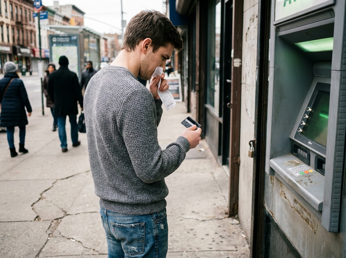 Jeune homme devant un distributeur automatique en ville