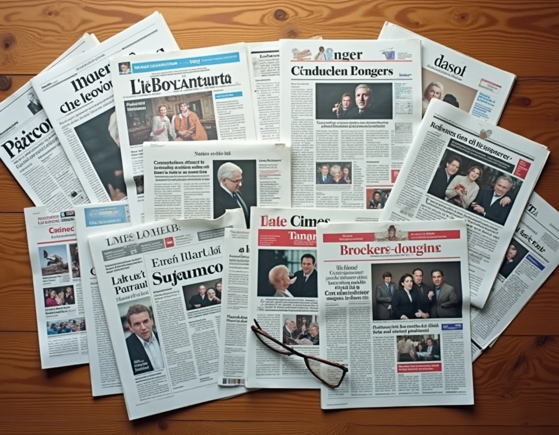 Vue de dessus d'une sélection de journaux français populaires disposés sur un présentoir en bois