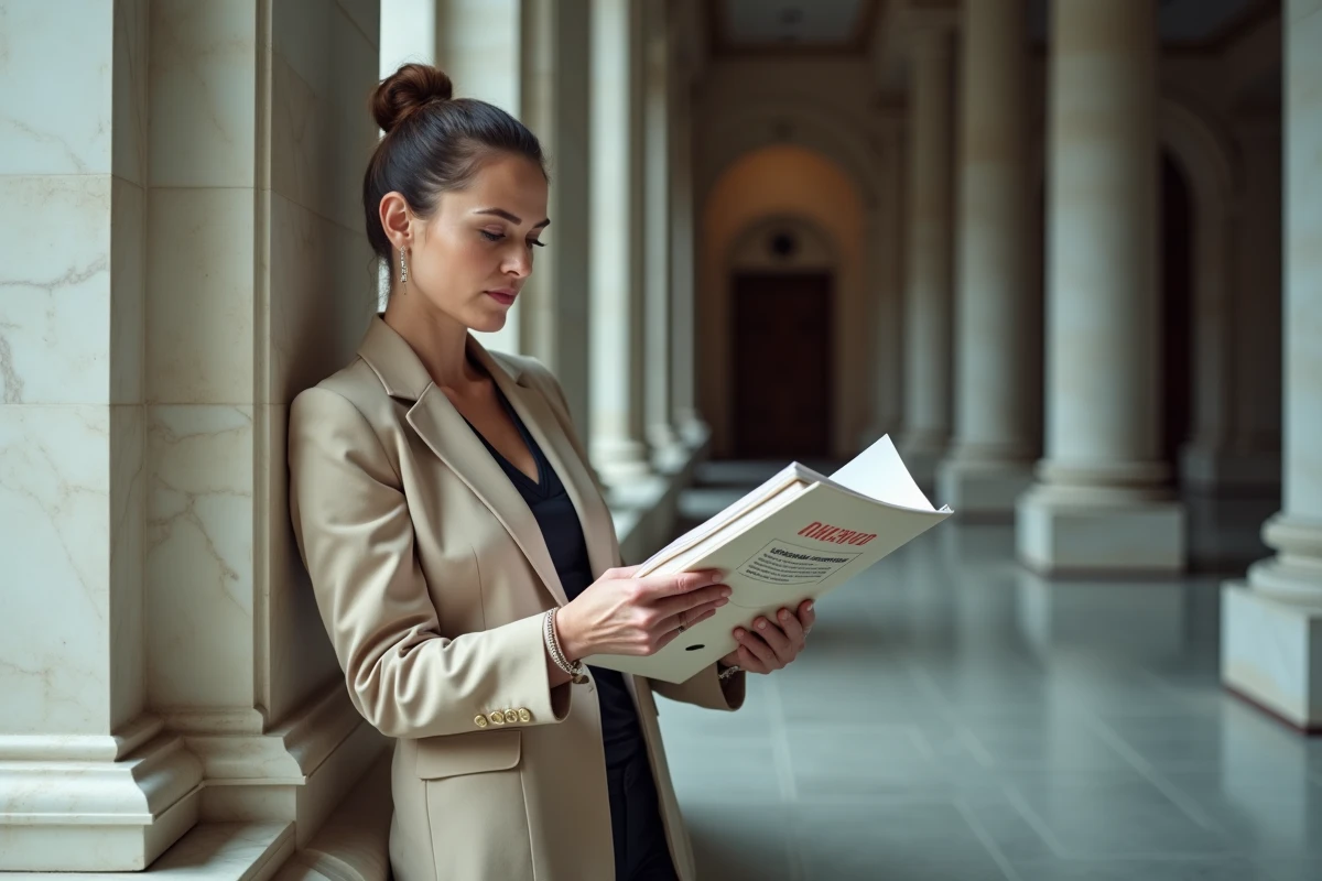Femme juriste tenant un dossier légal dans un couloir de tribunal illustrant la prescription et la forclusion
