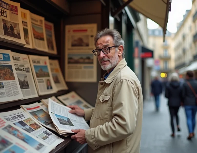 Un homme d'âge mûr lisant un journal français devant un kiosque à journaux parisien typique