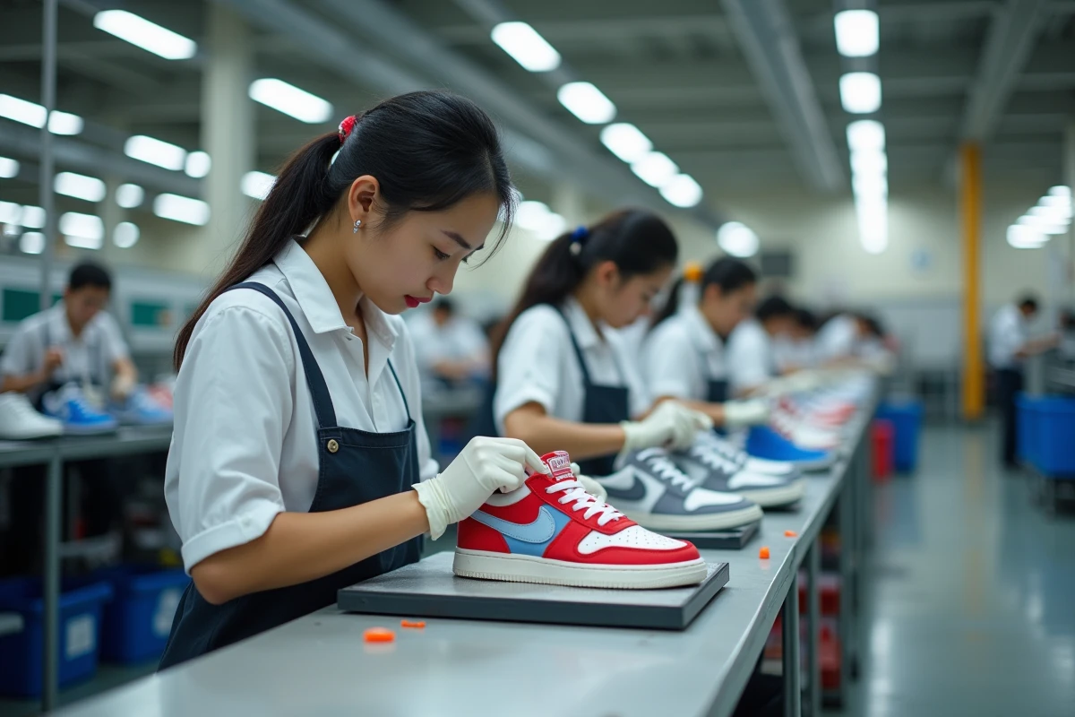 Ligne de production de chaussures de sport dans une usine moderne au Vietnam avec ouvrières à l'assemblage
