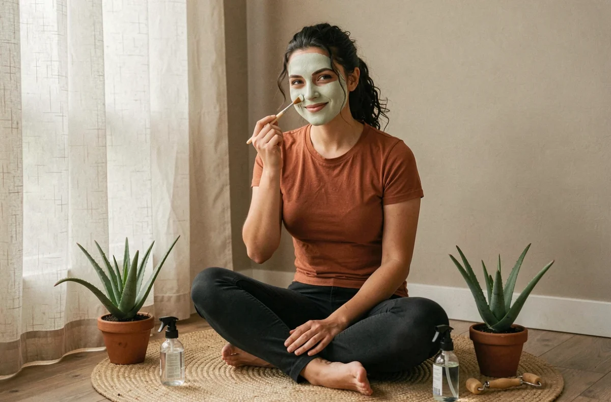 Jeune femme appliquant un masque visage naturel entourée de produits de beauté authentiques et écologiques