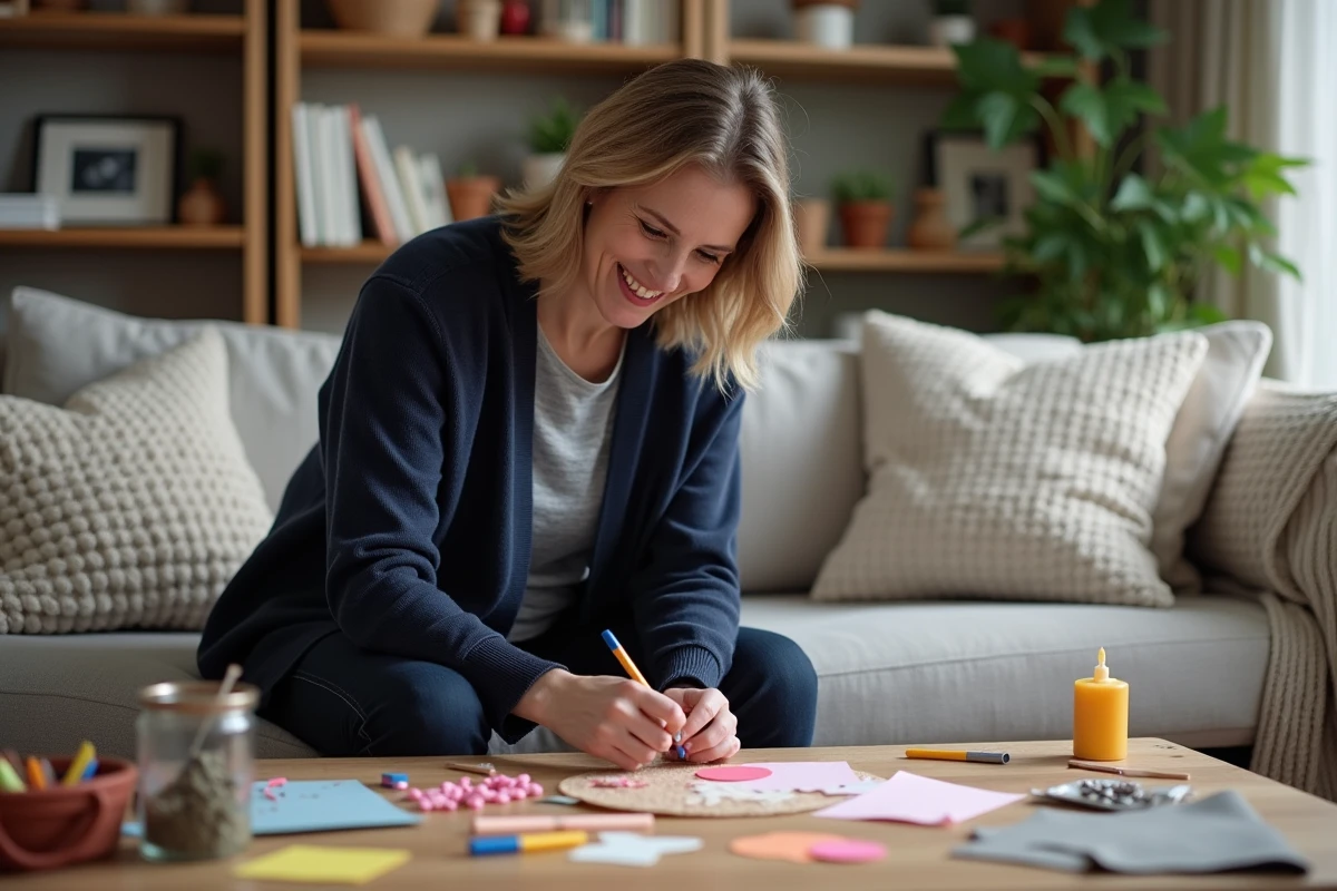 Mère souriante réalisant des activités créatives avec ses enfants dans un salon familial confortable