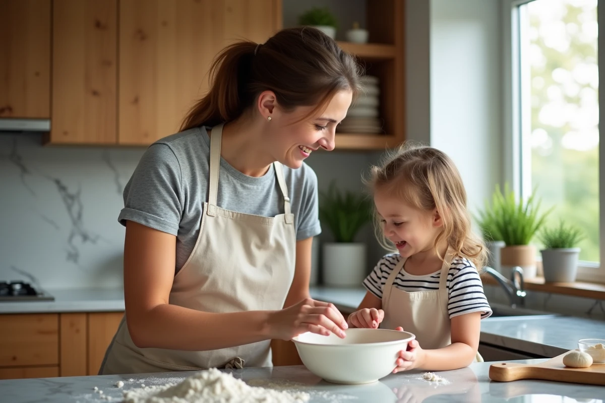 Mère et fille en train de cuisiner ensemble dans une cuisine moderne et chaleureuse