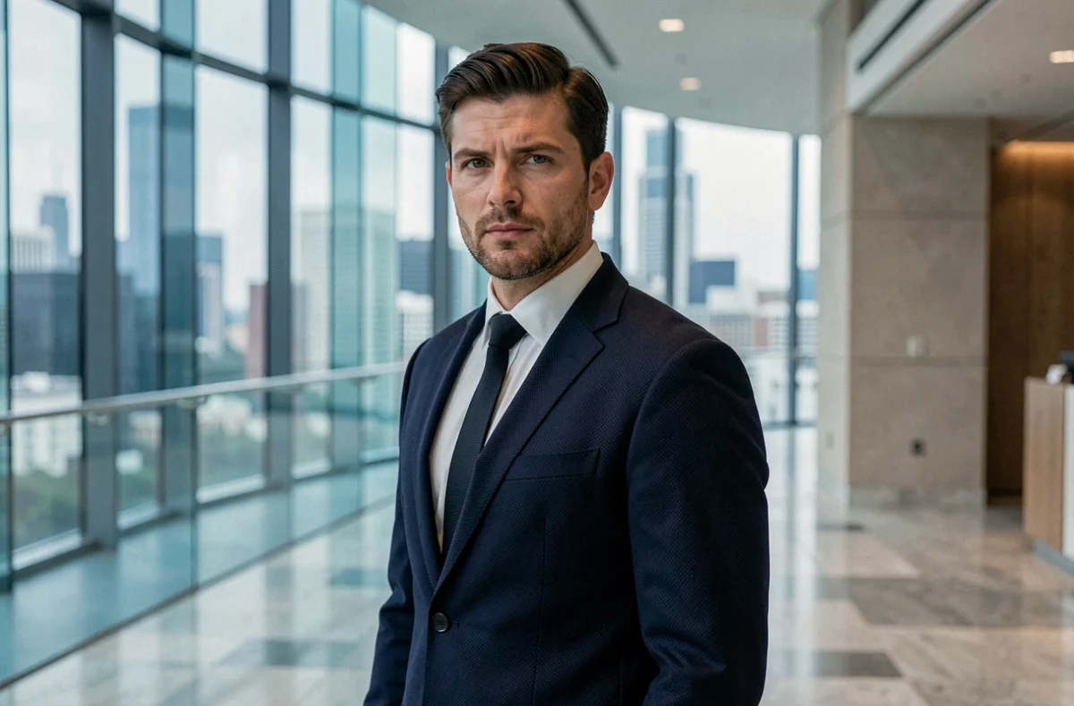 Portrait d'un homme d'affaires déterminé dans le hall d'un immeuble moderne, illustrant le parcours professionnel de Nicolas Antakis
