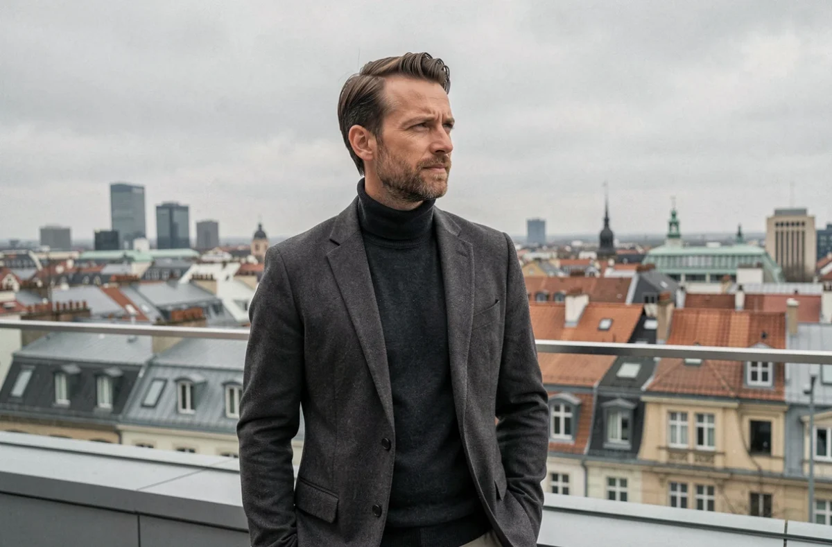 Homme ambitieux sur une terrasse avec vue panoramique sur une ville européenne, évoquant la trajectoire et la vision de Nicolas Antakis
