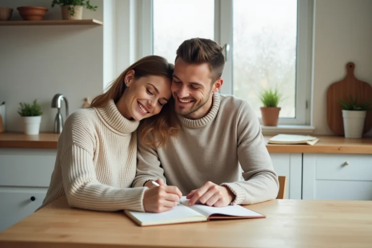 Couple de jeunes parents écrivant des prénoms dans un carnet à la maison, ambiance douce et familiale