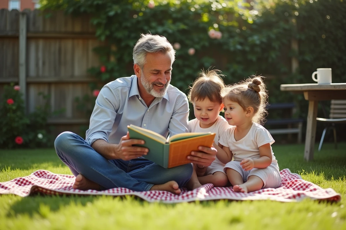 Père lisant un livre à ses enfants dans le jardin lors d'un pique-nique en famille