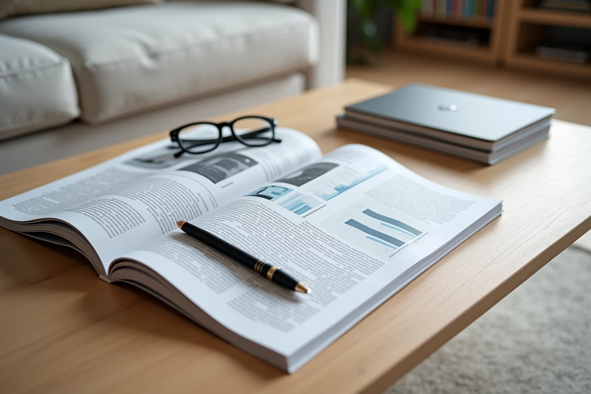 Pile de magazines business sur une table basse avec lunettes et stylo, évoquant un abonnement presse professionnelle