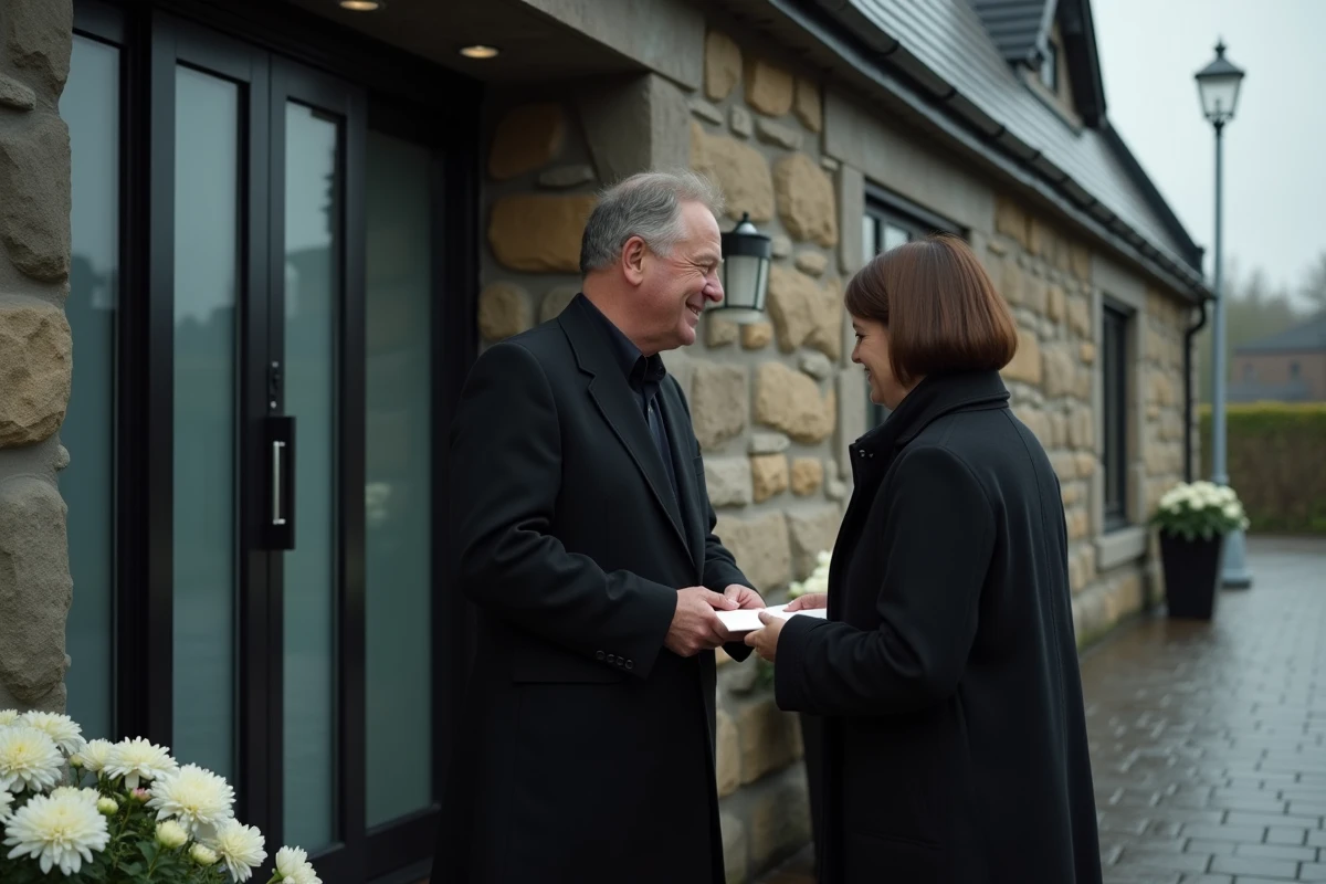 Directeur de pompes funèbres recevant une enveloppe de pourboire devant l'entrée d'une maison funéraire, scène respectueuse illustrant les usages de gratification lors des funérailles