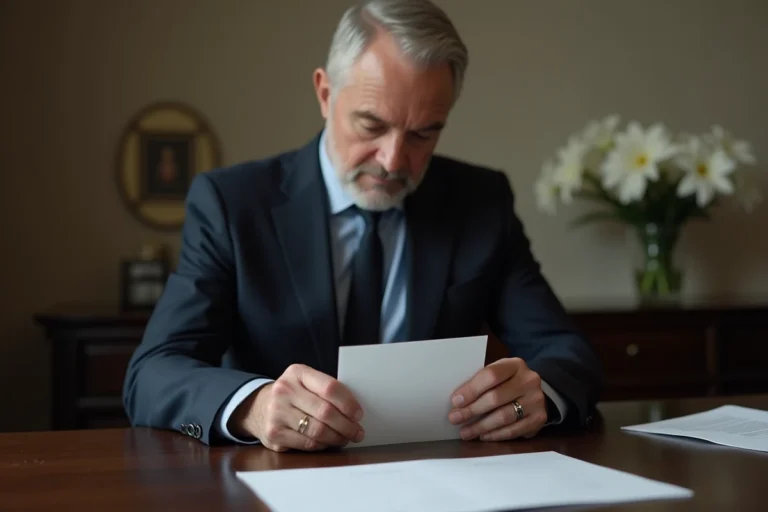 Homme en costume sombre glissant des billets dans une enveloppe blanche lors d'obsèques, geste discret et respectueux pour un pourboire aux pompes funèbres