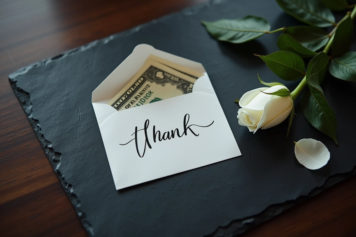 Vue de dessus d'une enveloppe de pourboire, un mot de remerciement manuscrit et un pétale de rose blanche sur une surface sombre, symbolisant la gratitude lors d'une cérémonie funèbre