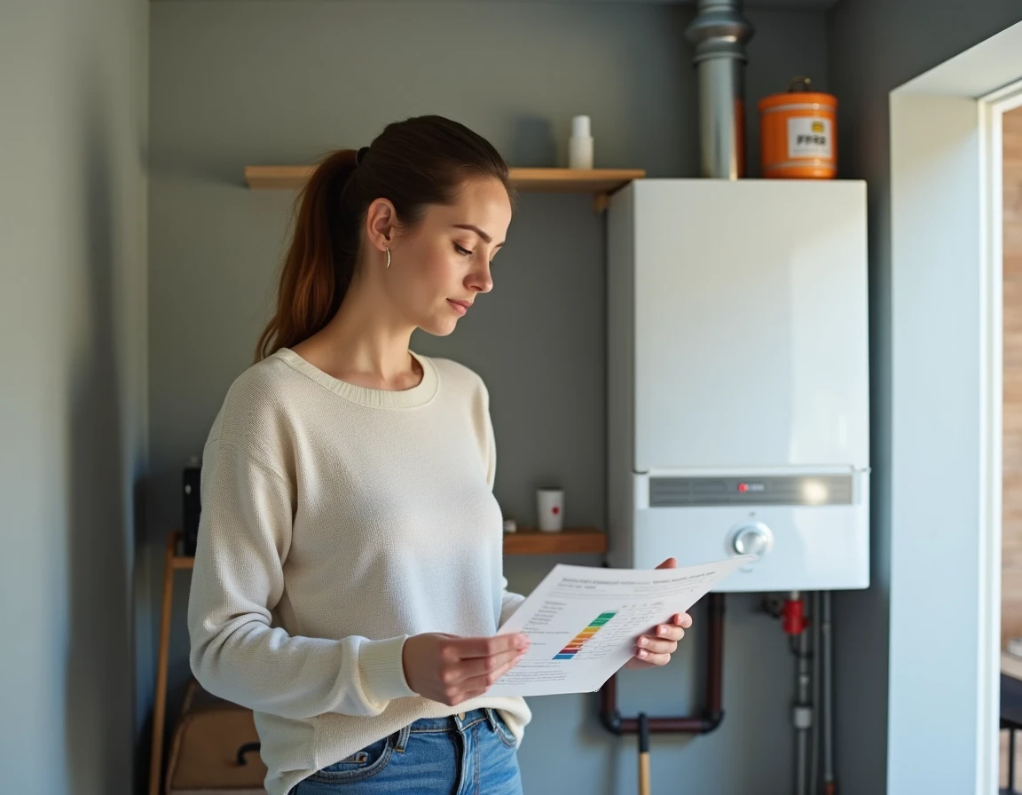 Propriétaire comparant des chaudières à gaz avec une brochure de comparatif énergétique