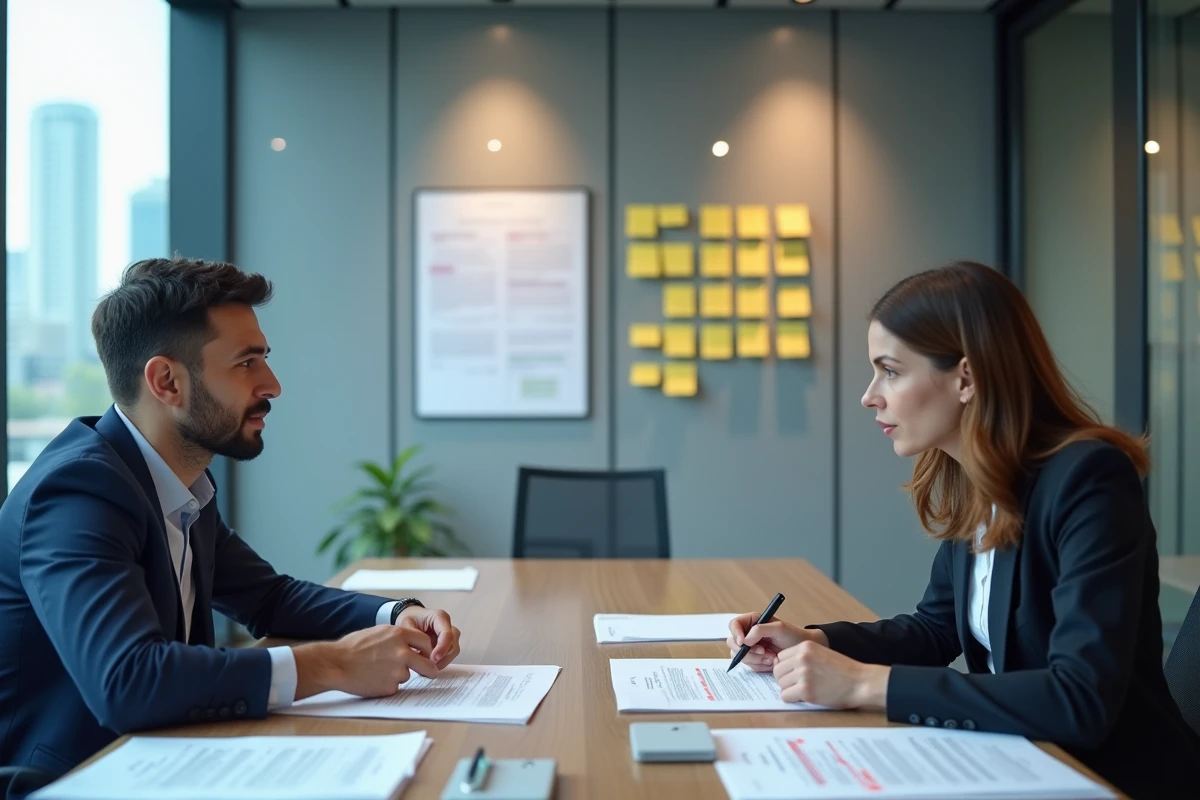 Deux professionnels du droit discutant de délais juridiques autour de contrats et d'un calendrier avec dates de forclusion