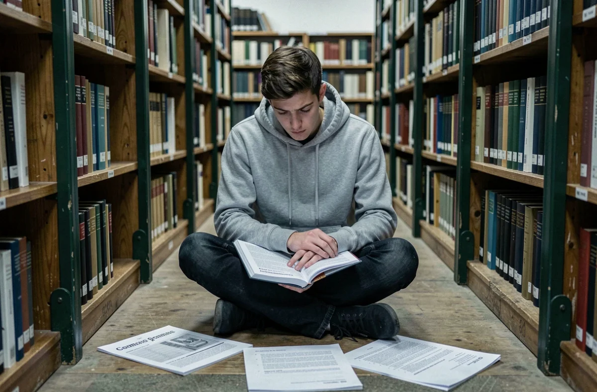 Étudiant révisant les classes grammaticales avec des exercices corrigés imprimés dans une bibliothèque universitaire