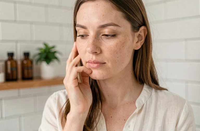 Femme aux 30 ans adoptant une routine beauté naturelle dans une salle de bain épurée avec des produits bio