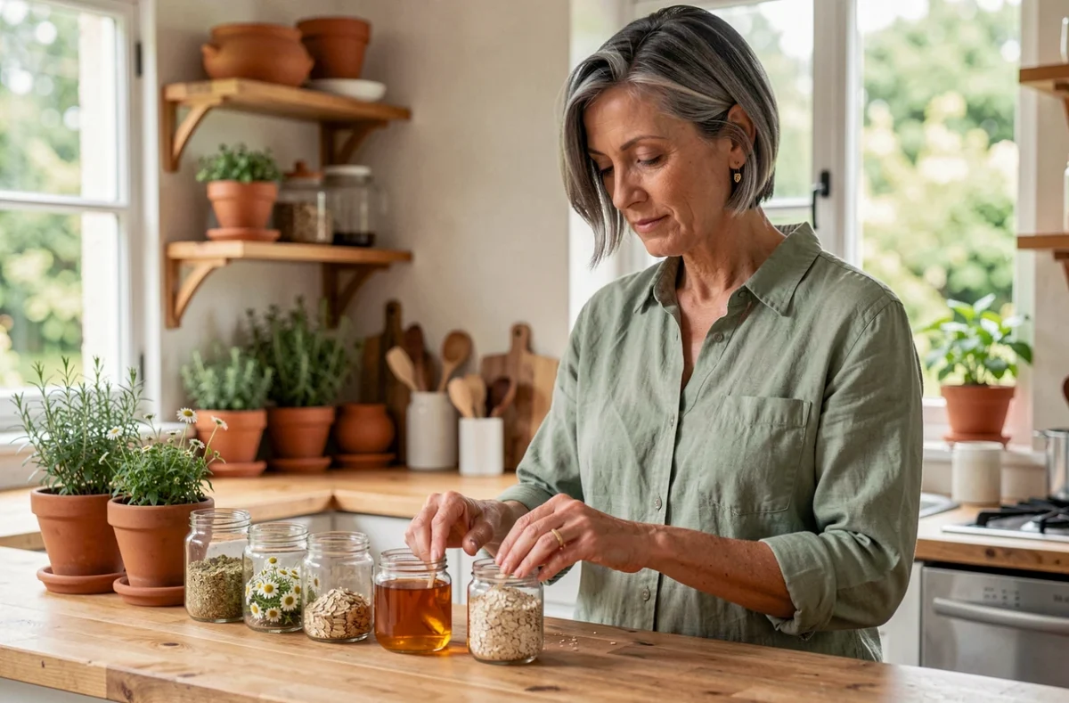 Femme mature préparant des soins de beauté naturels faits maison avec des ingrédients botaniques dans une cuisine rustique